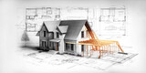 Fototapeta Tulipany - Building house on blueprints - construction project. Generative AI