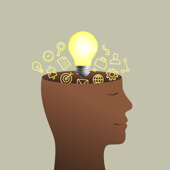 Sticker - Bright light bulb and head silhouette of a black person as idea concept