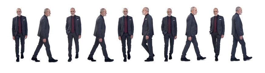 front and side view of same man with suit and tie walking on white background