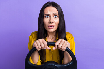 Poster - Photo of charming nervous lady wear stylish clothes worried failed test drive lesson education isolated on purple color background