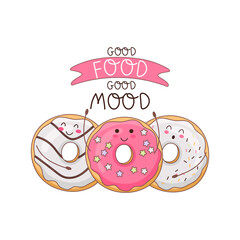 Wall Mural - Good food for good mood. Vector illustration of a donut character. Illustration in doodle style. Perfect for used for cafe, bakery or manufacturer's website, stickers, postcards, banners or posters.