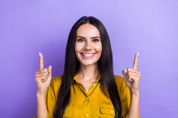 Sticker - Photo of stunning gorgeous lady wear stylish clothes two arms presenting empty space nice proposition isolated on purple color background