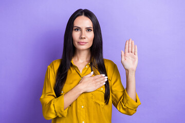 Sticker - Photo of stunning ukrainian lady patriot wear yellow clothes demonstrate arm make promise isolated on purple color background