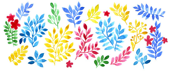 Wall Mural - watercolor set with abstract colored leaves and flowers, branches of bright flowers. small print on white background