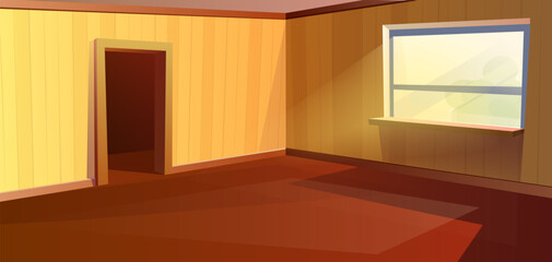 Wall Mural - Cartoon style empty room. Living room, kitchen or hotel room with large window and sunlight, and door hallway.