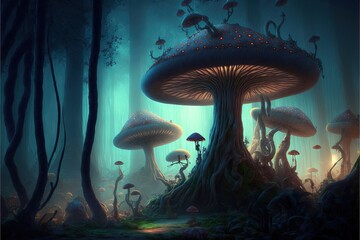 Wall Mural -  a group of mushrooms in a forest with a path leading to them and a light shining on the mushrooms in the middle of the forest.  generative ai