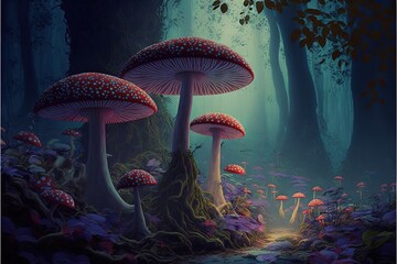  a painting of a group of mushrooms in a forest with a path leading to them and a light at the end of the mushroom trail.  generative ai