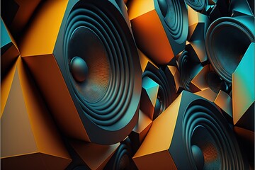 Wall Mural -  a computer generated image of speakers in a geometric pattern of orange, blue, and yellow shapes on a black background with a black border.  generative ai