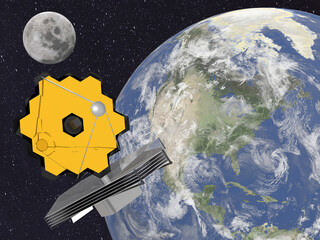 Wall Mural - jwst space telescope near the earth planet and moon in outer space. 3d rendered illustration. elemen