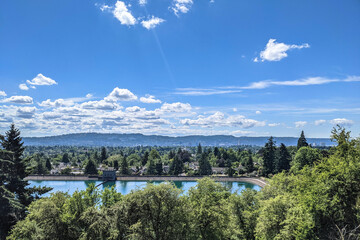 Sticker - Mt. Tabor Reservoir Full in Summer With Portland, OR Skyline