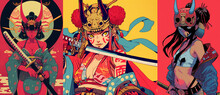 Portraits Of A Samurai Devil Girl. Retro Anime Style Illustration On A Colorful Background. Beautiful And Strong Characters.