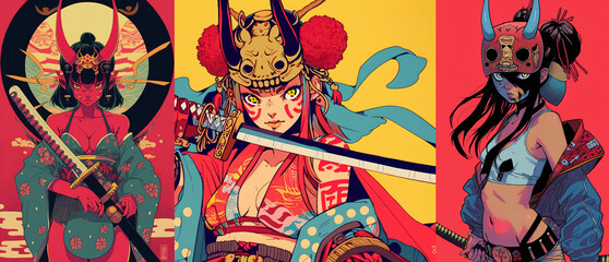 portraits of a samurai devil girl. retro anime style illustration on a colorful background. beautifu