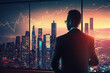 © Visual Studio - Finance trade manager analysing stock market indicators for best investment strategy, financial data and charts with business buildings in background, futuristic style