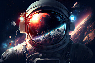 astronaut in space with planets in background