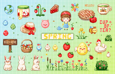 Wall Mural - Spring pixel art set. 8 bit elements of spring and Easter for game assets, sticker prints and web decorative design in retro 90s video game style. Vector pixel art animals and flowers illustrations.