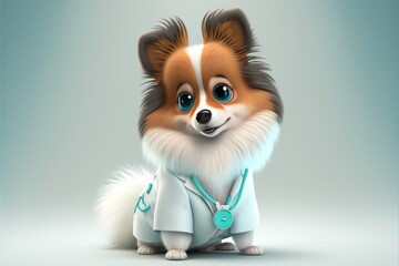 Doctor Dog 3d in a white medical coat on white background, ai generated