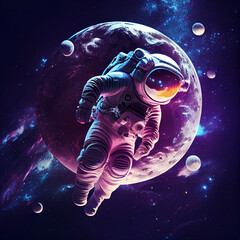 Wall Mural - 3d illustration of science fiction space suited figure among the stars in outer space. retrowave. as
