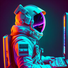 Wall Mural - retrowave neon 3d illustration of space suit wearing male figure accessing virtual terminal. alien d