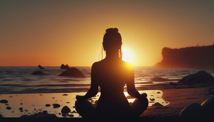 Silhouette young woman practicing yoga on the beach at sunset.