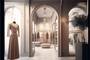 Contemporary interior of a large chic dress shop. generative 
 ai designed