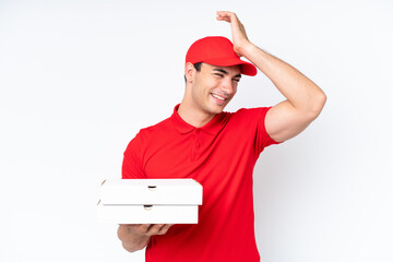 Sticker - Pizza delivery caucasian man with work uniform picking up pizza boxes isolated on white background has realized something and intending the solution