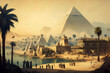 Ancient egypt civilization, people and workers building pyramids. Historic event, monument by nile river. Generative AI.