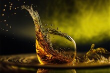  A Splash Of Water In A Glass With A Green Background And A Black Background With A Yellow And Green Background And A Yellow And Black Background.  Generative Ai