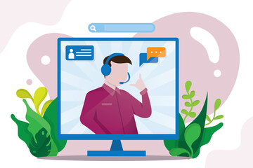 Customer service landing page. Woman with headphones and microphone with laptop. Concept illustration for support, assistance, call center. Vector illustration in flat style