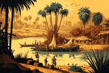 Wall Mural - Ancient egypt civilization, ancient egyptian peasants harvest on the Nile bank. generative AI.