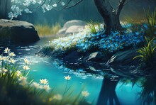 Beautiful Natural Landscape , Water Way With Blue Flowers Bush, Idea For Spring Season Greeting Background Wallpaper Or Conceptual Art, Generative Ai