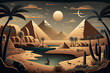 Ancient egypt civilization, Egyptian desert with river and pyramids at night. illustration of landscape with sand dunes, water stream of Nile, ancient tombs of Egypt pharaoh, Generative AI