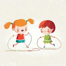 Two Kids Playing With A Jump Rope Illustration Generative AI