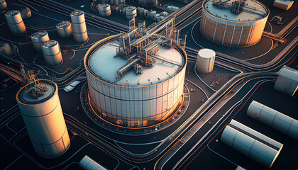 Wall Mural - Aerial top view of factory station, oil fuel storage tank, petroleum refinery, manufactory, industrial process plant oil refinery for energy with Generative AI.