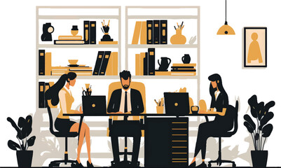 Wall Mural - group of people working in office, minimalist vector illustration, flat design