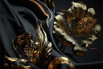  a black and gold fabric with a flower on it's back side and a gold flower on the side of it's back side.  generative ai