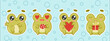 A set of stickers of a happy frog in love.  Drawn in cartoon style.  vector illustration for valentines, congratulations on valentine's day.  Isolated on blue background with bubbles