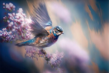 Wall Mural -  a colorful bird is flying over a branch of lilacs and a blue sky is in the background with clouds and flowers in the foreground.  generative ai