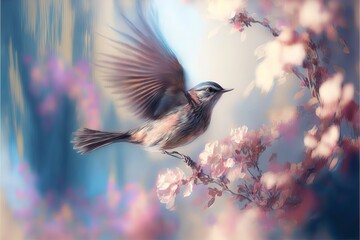 Wall Mural -  a bird flying over a tree filled with pink and white flowers in the air with its wings spread wide open and its wings spread out.  generative ai