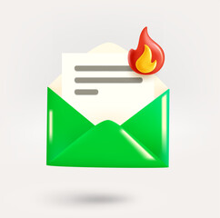 Aufkleber - New mail icon with bonfire. Hot message concept. 3d vector icon isolated on white background