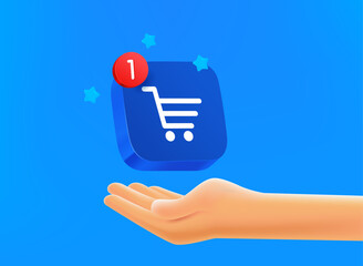Poster - Buyer concept. Hand with shopping app button. 3d vector mobile application icon with notification