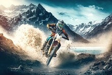 Extreme Motocross MX Rider Riding On Dirt Water Track ,snow Mountains One The Background ,Generative Ai