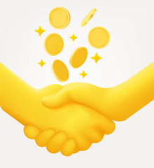 Poster - Business partners shaking hands. Earn money business team concept with coins. 3d vector illustration isolated on white background