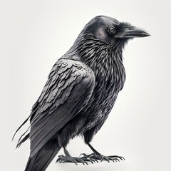 Wall Mural -  a black bird sitting on top of a white table next to a white wall with a black bird on it's leg and head.  generative ai