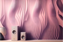  A Pair Of Speakers Sitting On Top Of A Wooden Table Next To A Wallpapered Wall With A Wave Design On It And A Speaker System.  Generative Ai