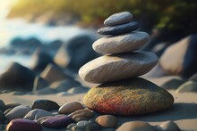 Stack Zen Stones On Pebble Beach, Generative Ai