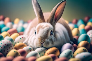 Wall Mural - Easter bunny, basket and eggs created with generative AI technology