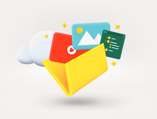 Poster - Yellow folder with galley, video and charts. New message concept. 3d vector illustration