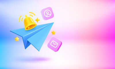 Poster - The bell and blue plane. Breaking news concept. 3d vector banner with copy space