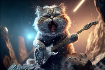 Wall Mural - Cats as rock stars playing guitar at concert created with generative AI technology