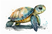 Illustration Of A Sea Turtle Swimming Underwater In A Watercolor Style, Generative Ai